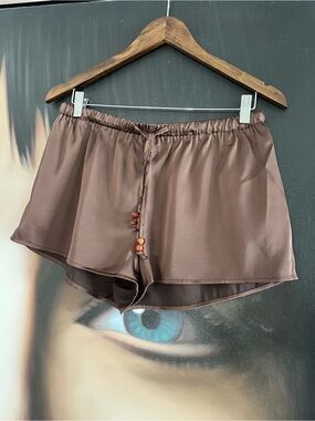 Brown Satin Shorts with Bead Drawstring